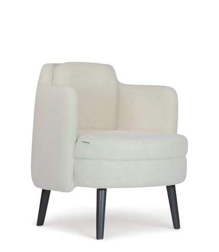Ivory boucle Ribbon Armchair with flared arms, rounded seat, and black tapered legs, shown from front and side angles.