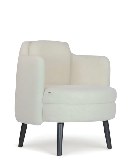 Ivory boucle Ribbon Armchair with flared arms, rounded seat, and black tapered legs, shown from front and side angles.