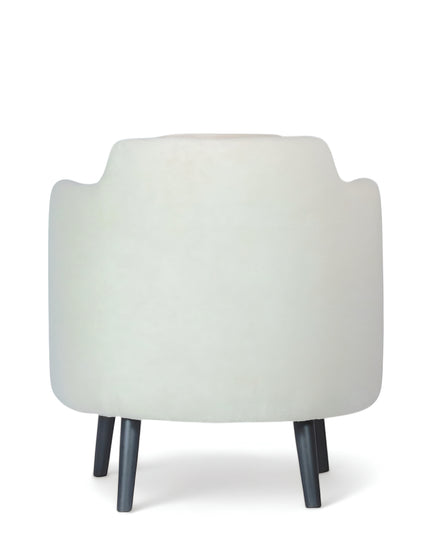 Ivory boucle Ribbon Armchair with flared arms, rounded seat, and black tapered legs, shown from front and side angles.
