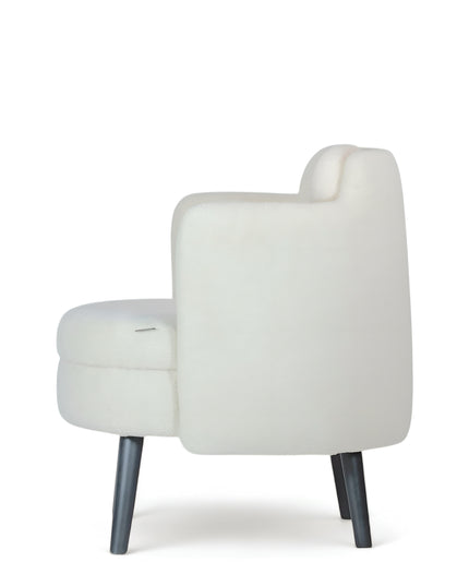 Ivory boucle Ribbon Armchair with flared arms, rounded seat, and black tapered legs, shown from front and side angles.