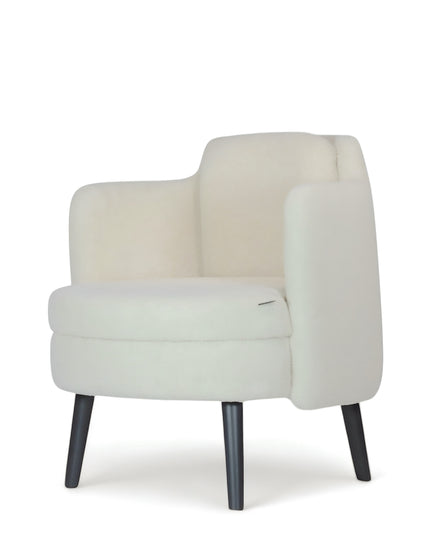Ivory boucle Ribbon Armchair with flared arms, rounded seat, and black tapered legs, shown from front and side angles.