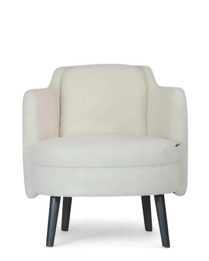 Ivory boucle Ribbon Armchair with flared arms, rounded seat, and black tapered legs, shown from front and side angles.
