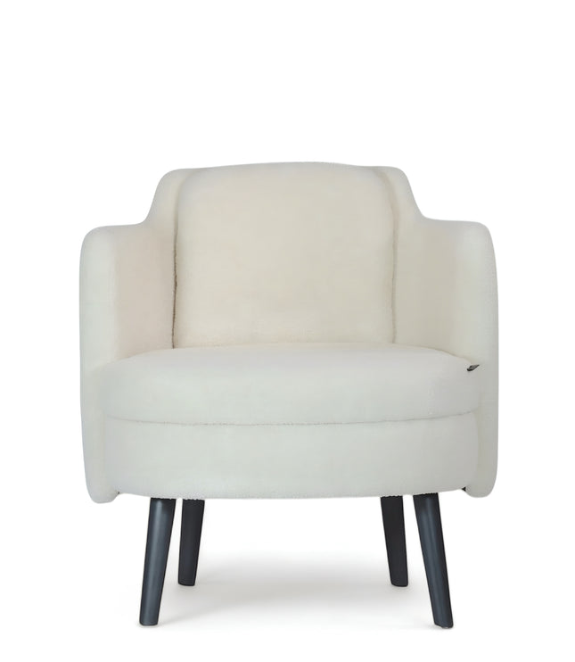 Ivory boucle Ribbon Armchair with flared arms, rounded seat, and black tapered legs, shown from front and side angles.