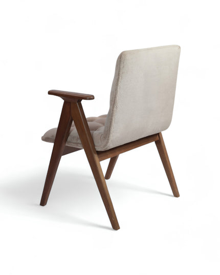 Mid-century modern lounge chair with taupe tufted upholstery and angled solid wood frame, ideal for living rooms or reading nooks.
