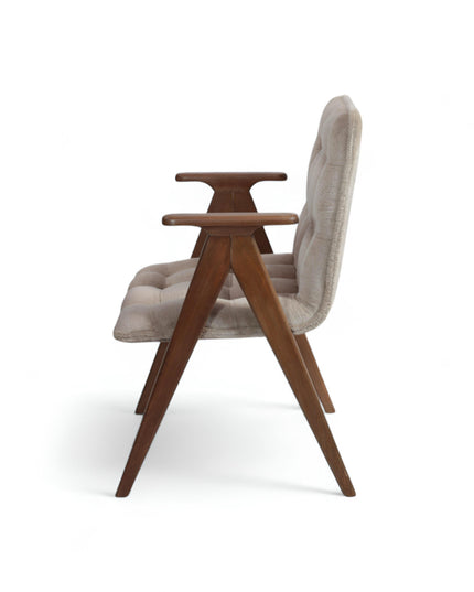 Mid-century modern lounge chair with taupe tufted upholstery and angled solid wood frame, ideal for living rooms or reading nooks.