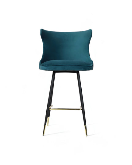 Modern bar stool with a sculpted teal velvet seat and high backrest, featuring black tufted faux leather on the outer back, brass nailhead trim, and slim black metal legs with gold accents and a footrest-ideal for kitchen islands or stylish bar areas