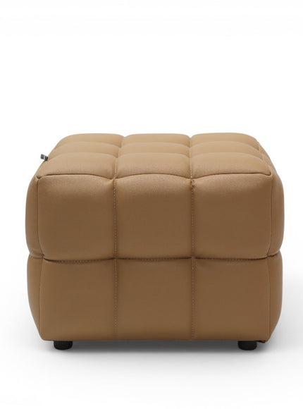 A square ottoman with a tufted grid pattern on a white background.