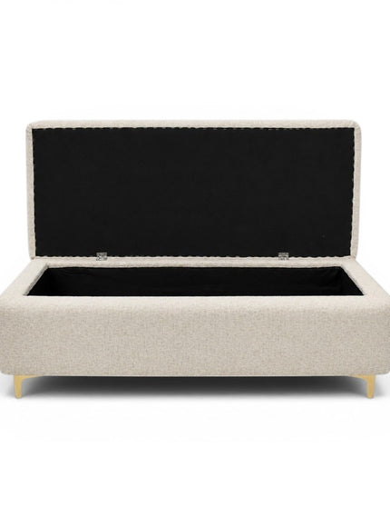 Beige storage bench with black interior on a white background