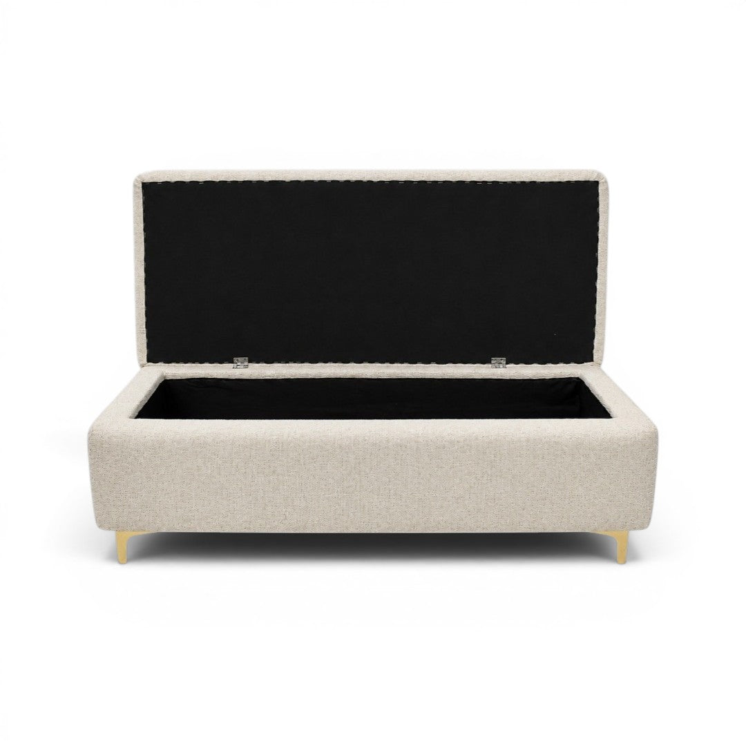 Beige storage bench with black interior on a white background