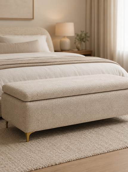 Beige upholstered bench in front of a bed in a bedroom setting