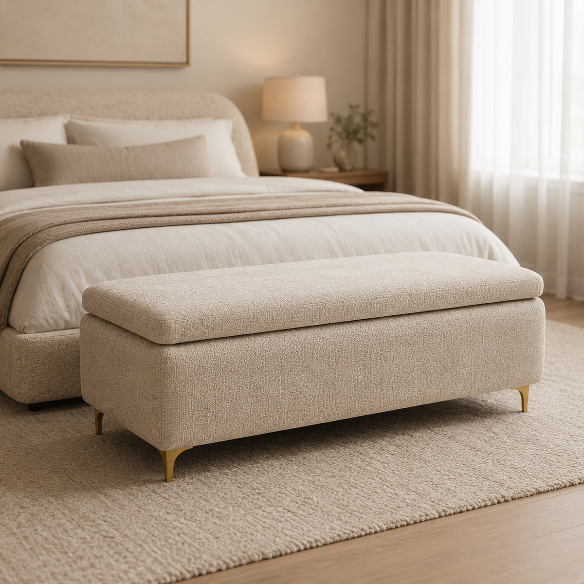 Beige upholstered bench in front of a bed in a bedroom setting