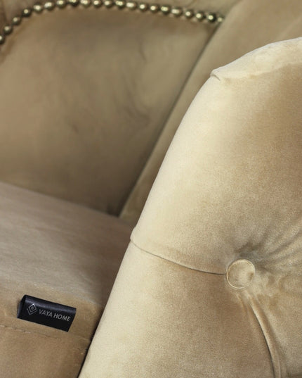 Beige dining chair with wooden legs on a white background