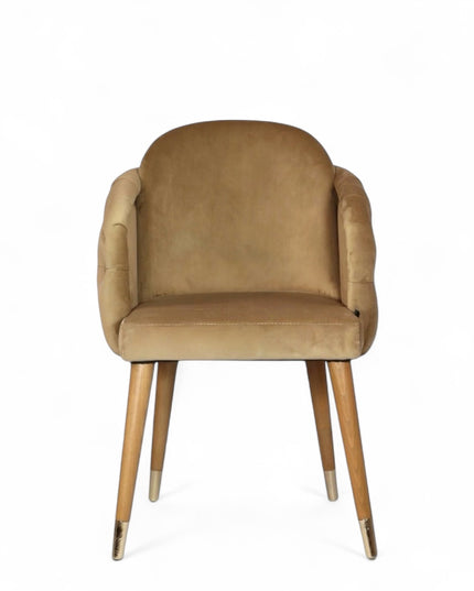 Beige dining chair with wooden legs on a white background