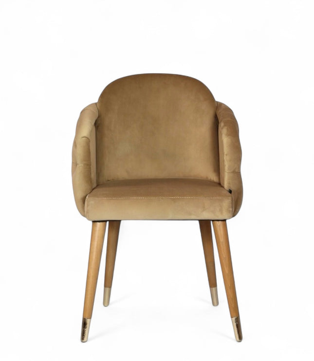 Beige dining chair with wooden legs on a white background