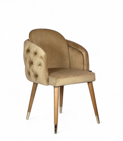 Beige dining chair with wooden legs on a white background