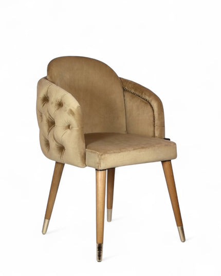 Beige dining chair with wooden legs on a white background