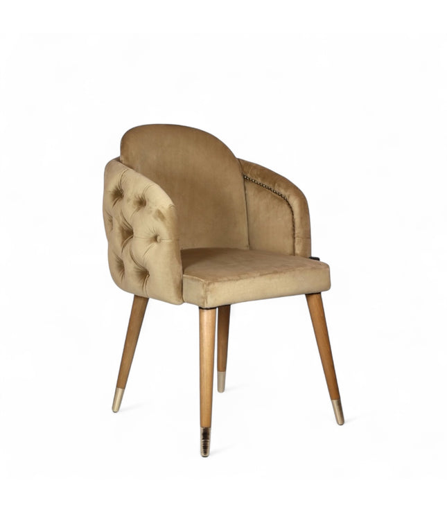 Beige dining chair with wooden legs on a white background