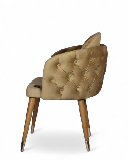 Beige dining chair with wooden legs on a white background