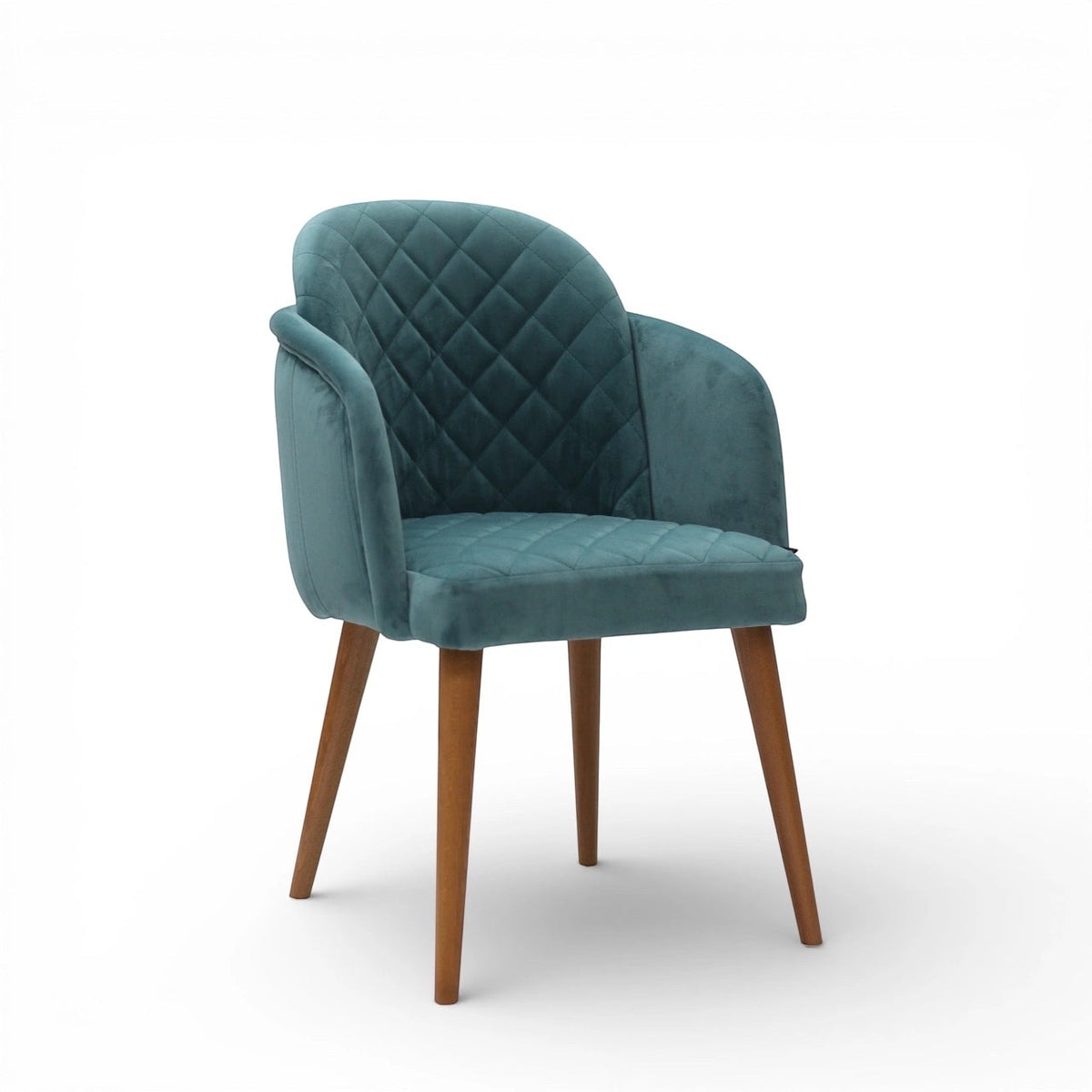 Teal velvet chair with quilted backrest on a white background