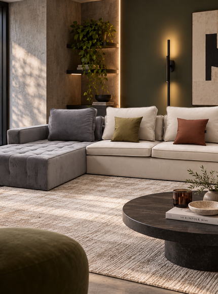 A modern sectional sofa in a styled living room, featuring a light beige sofa, a gray chaise lounge, and accent pillows, set on a textured beige rug with a dark round coffee table in the foreground.