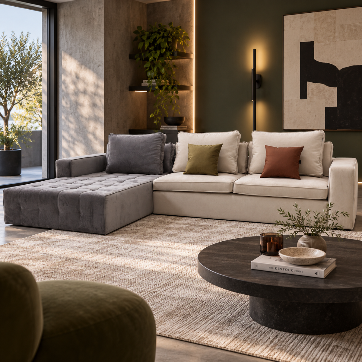 A modern sectional sofa in a styled living room, featuring a light beige sofa, a gray chaise lounge, and accent pillows, set on a textured beige rug with a dark round coffee table in the foreground.