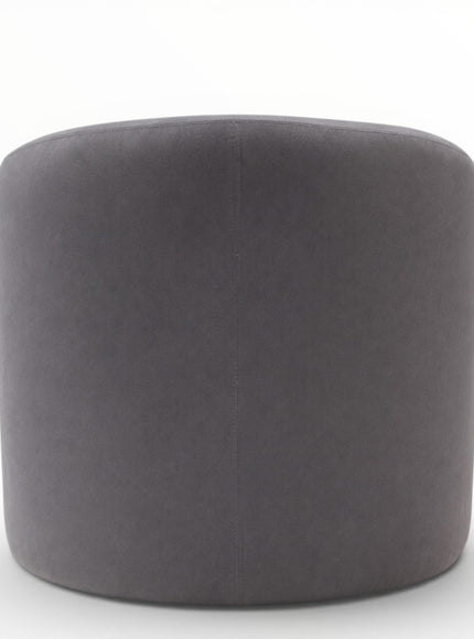 A modern barrel-style accent chair upholstered in dark gray velvet with a brushed gold metal base
