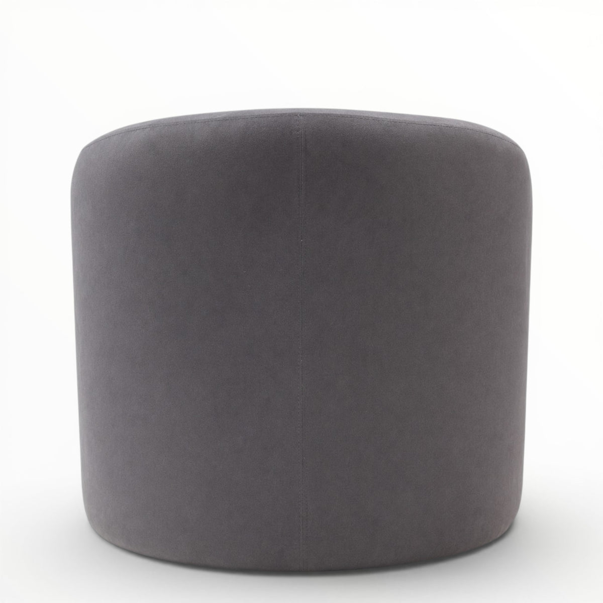 A modern barrel-style accent chair upholstered in dark gray velvet with a brushed gold metal base
