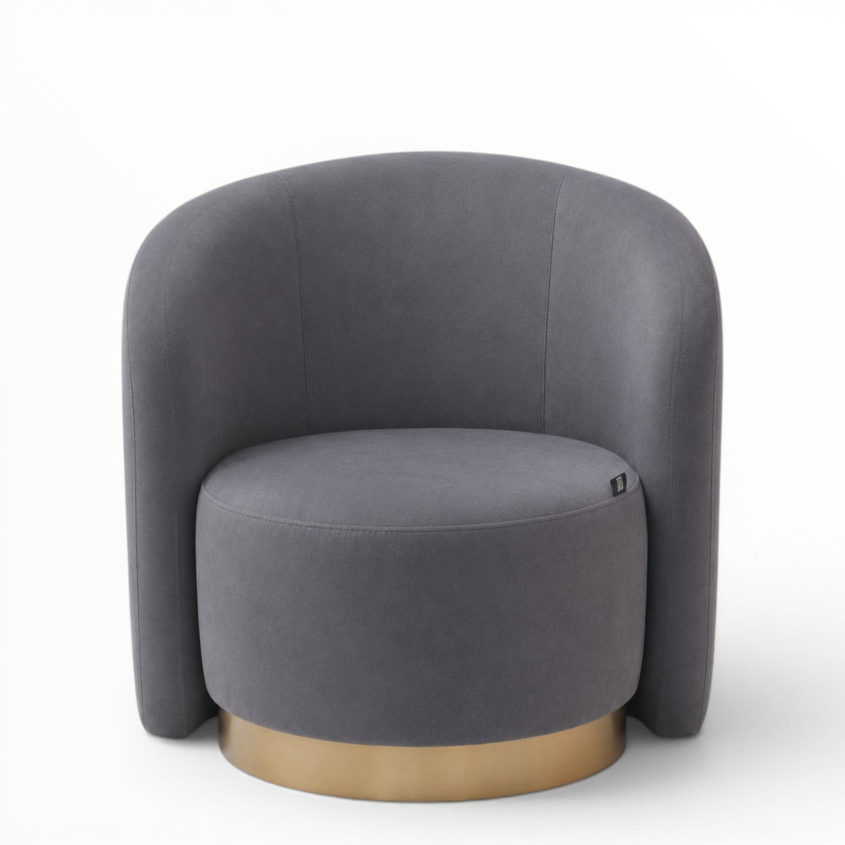 A modern barrel-style accent chair upholstered in dark gray fabric with a round gold metal base, shown against a plain white background.