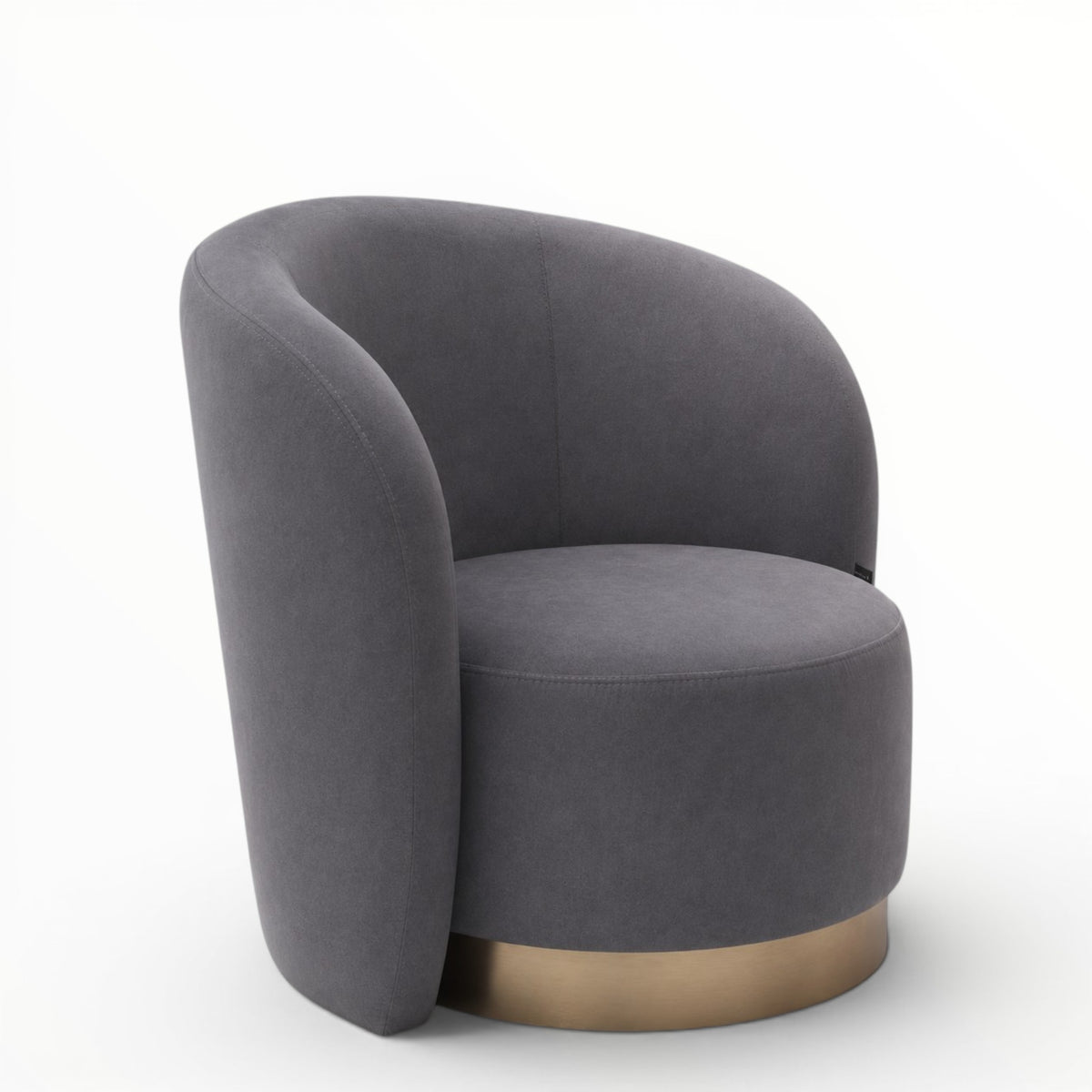 A modern barrel-style accent chair upholstered in dark gray fabric with a brushed gold metal base, shown on a clean white background.