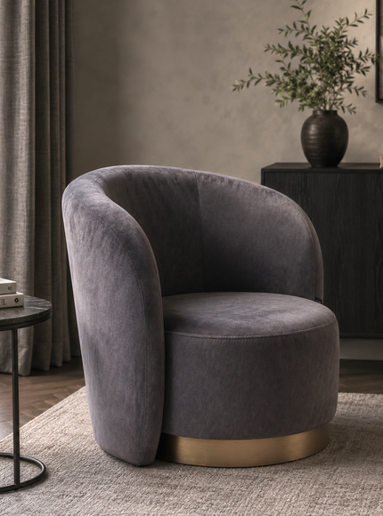 A modern barrel-style accent chair upholstered in dark gray velvet with a brushed gold metal base, set in a styled living room interior.