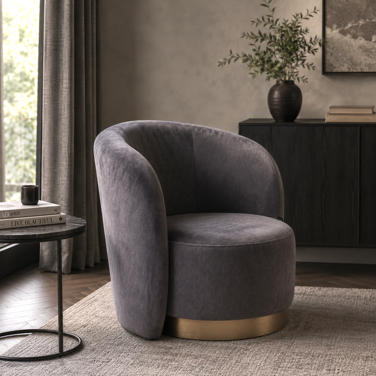 A modern barrel-style accent chair upholstered in dark gray velvet with a brushed gold metal base, set in a styled living room interior.