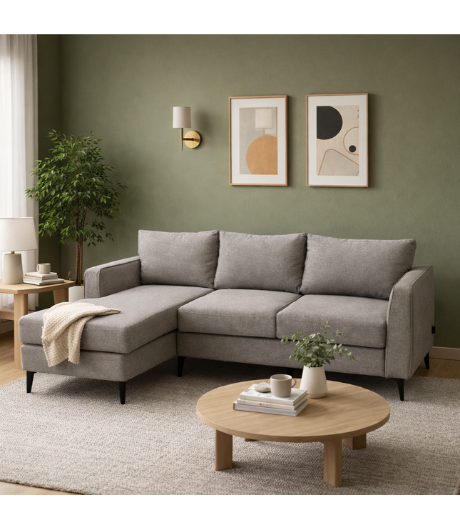 light gray fabric sectional sofa, highlighting the textured upholstery, plush back cushion, and clean stitched seams under soft, even lighting.
