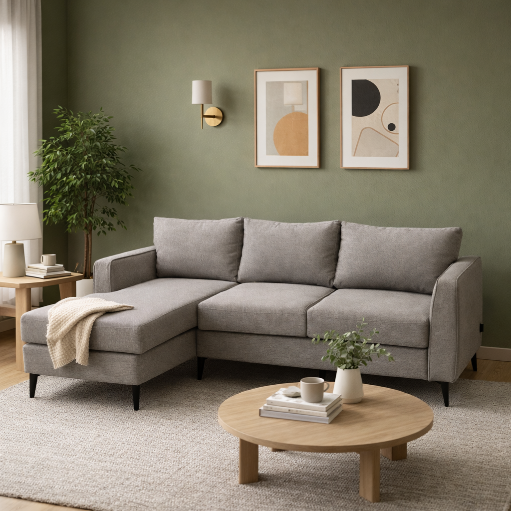 light gray fabric sectional sofa, highlighting the textured upholstery, plush back cushion, and clean stitched seams under soft, even lighting.