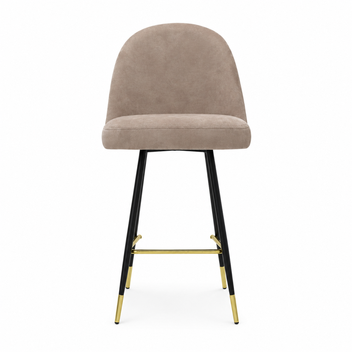 A modern bar stool with a rounded, upholstered seat and backrest in a taupe-beige fabric, supported by slim black metal legs accented with gold hardware and gold-colored foot caps, set against a plain white background.