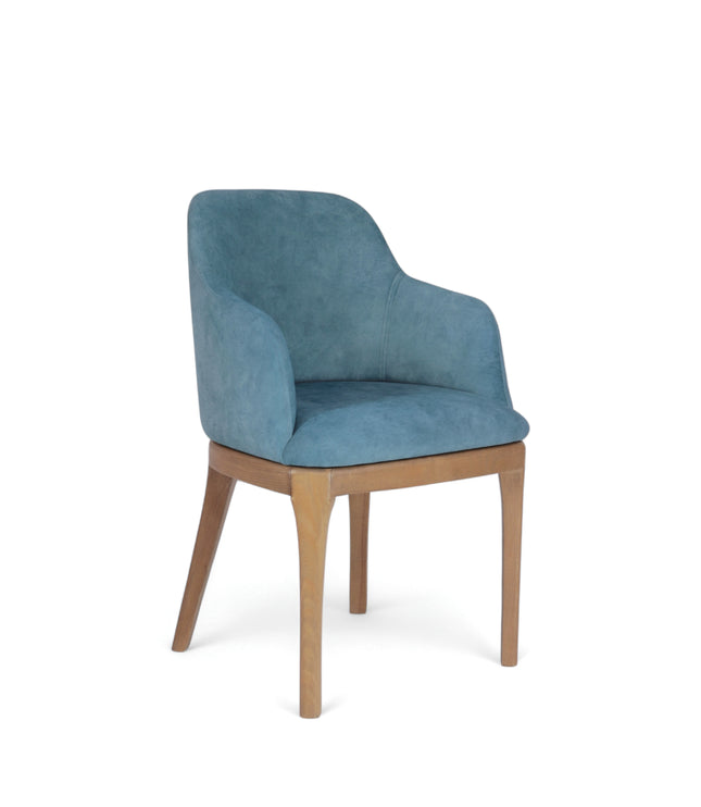 Contemporary dining chair with soft blue upholstery and natural wood legs — perfect for modern dining rooms, boutique cafés, or elegant home offices.