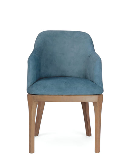Contemporary dining chair with soft blue upholstery and natural wood legs — perfect for modern dining rooms, boutique cafés, or elegant home offices.