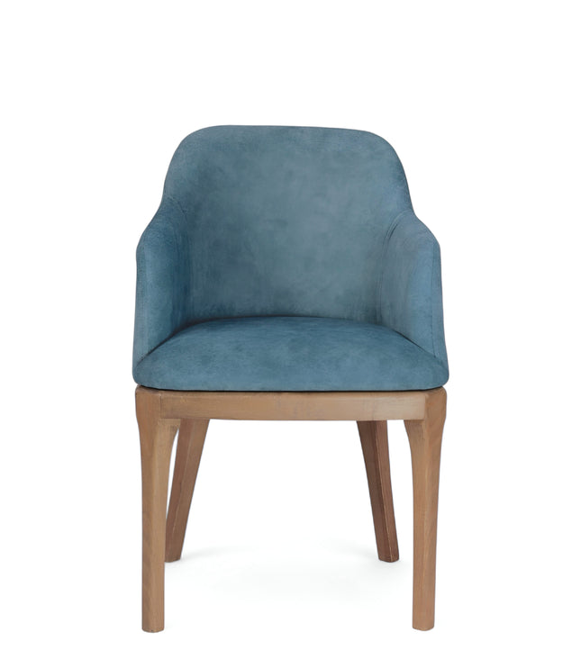 Contemporary dining chair with soft blue upholstery and natural wood legs — perfect for modern dining rooms, boutique cafés, or elegant home offices.