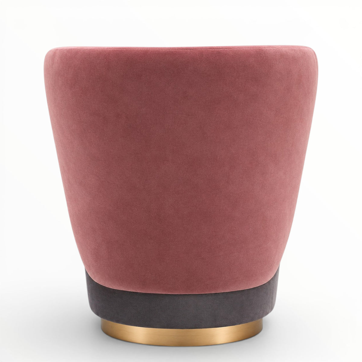 A modern tapered velvet armchair in dusty rose pink, featuring a dark charcoal gray base accented by a polished gold circular metal ring, set against a plain white background.