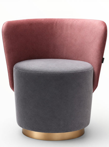 A modern accent chair featuring a dusty rose velvet backrest, a dark gray velvet cylindrical seat, and a brushed gold metal base, shown against a plain white background.