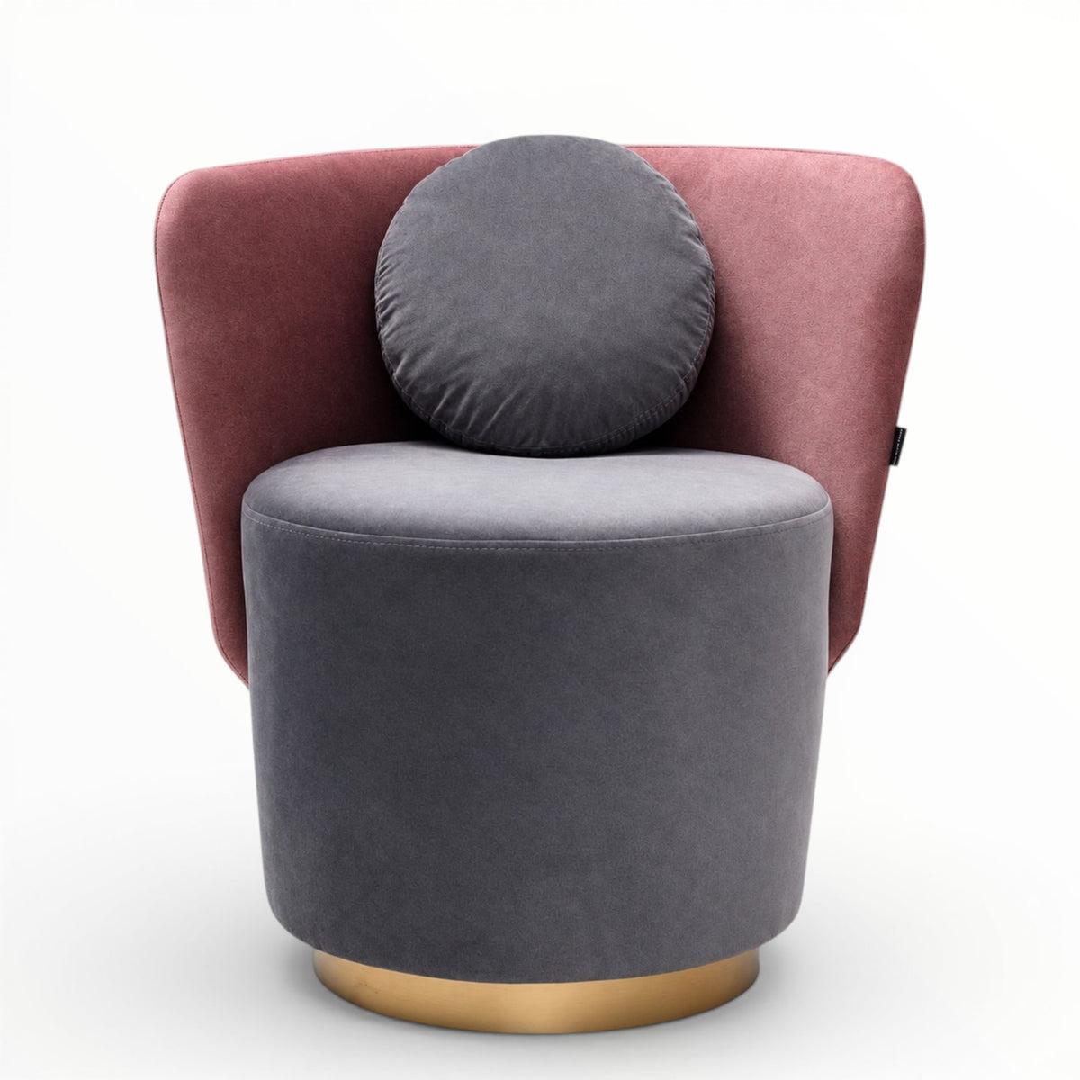 A modern accent chair featuring a dusty rose velvet backrest, a cylindrical dark gray velvet seat and matching round back cushion, and a gold-finished metal base, shown against a plain white background.