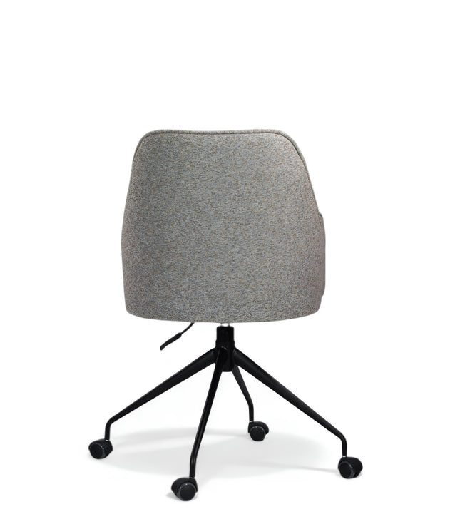 Wicky Office Chair in soft grey upholstery with high back, curved armrests, black metal base, and five smooth-rolling casters; shown from front view.