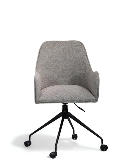 Wicky Office Chair in soft grey upholstery with high back, curved armrests, black metal base, and five smooth-rolling casters; shown from front view.