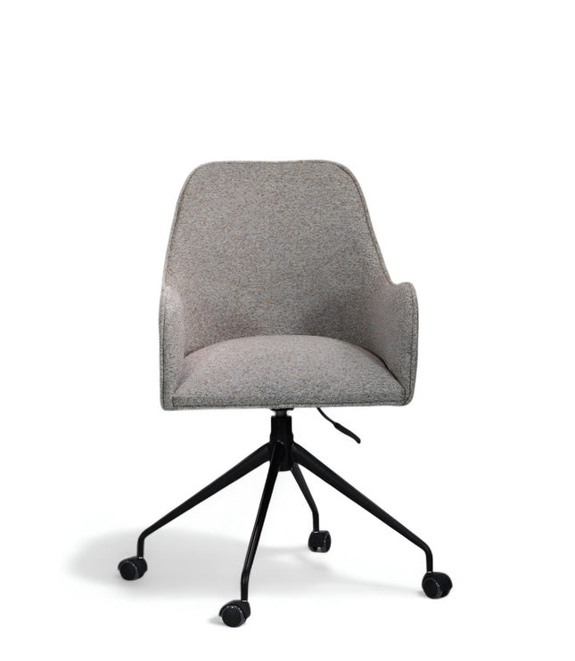 Wicky Office Chair in soft grey upholstery with high back, curved armrests, black metal base, and five smooth-rolling casters; shown from front view.