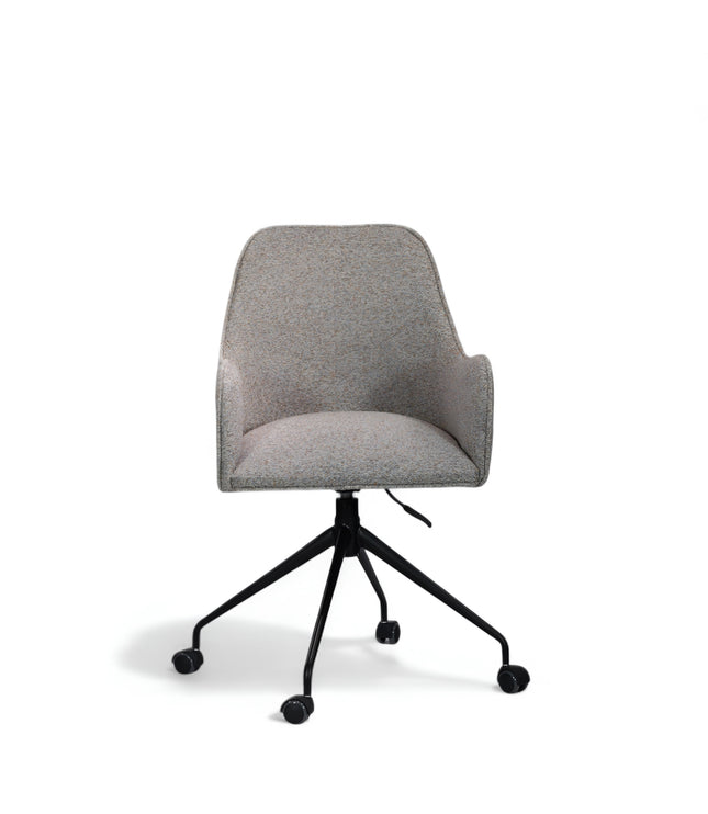 Wicky Office Chair in soft grey upholstery with high back, curved armrests, black metal base, and five smooth-rolling casters; shown from front view.