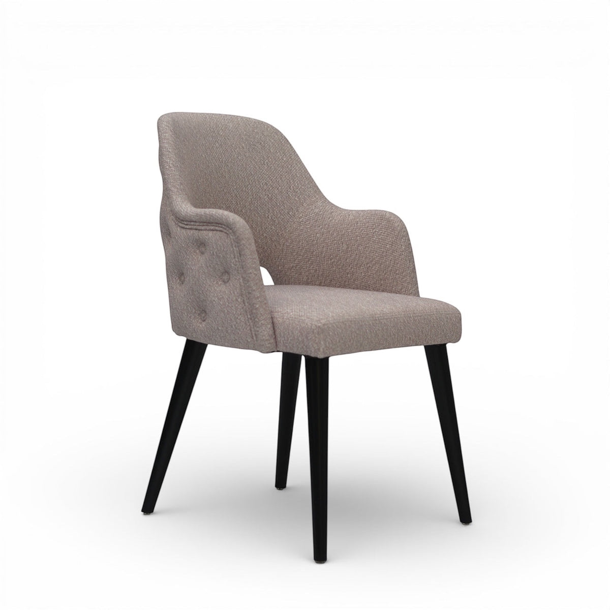 Beige upholstered chair with black legs on a white background