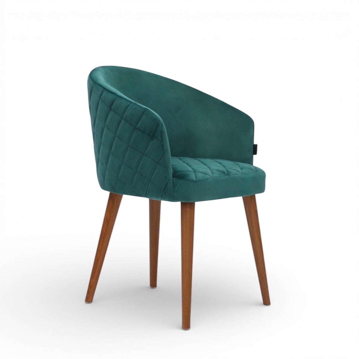 Teal velvet chair with wooden legs on a white background