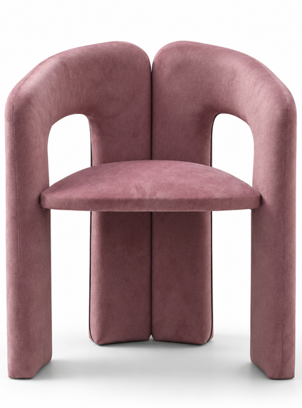 A modern lilac velvet dining chair with a unique split backrest and wide block legs, shown from the front on a white background.