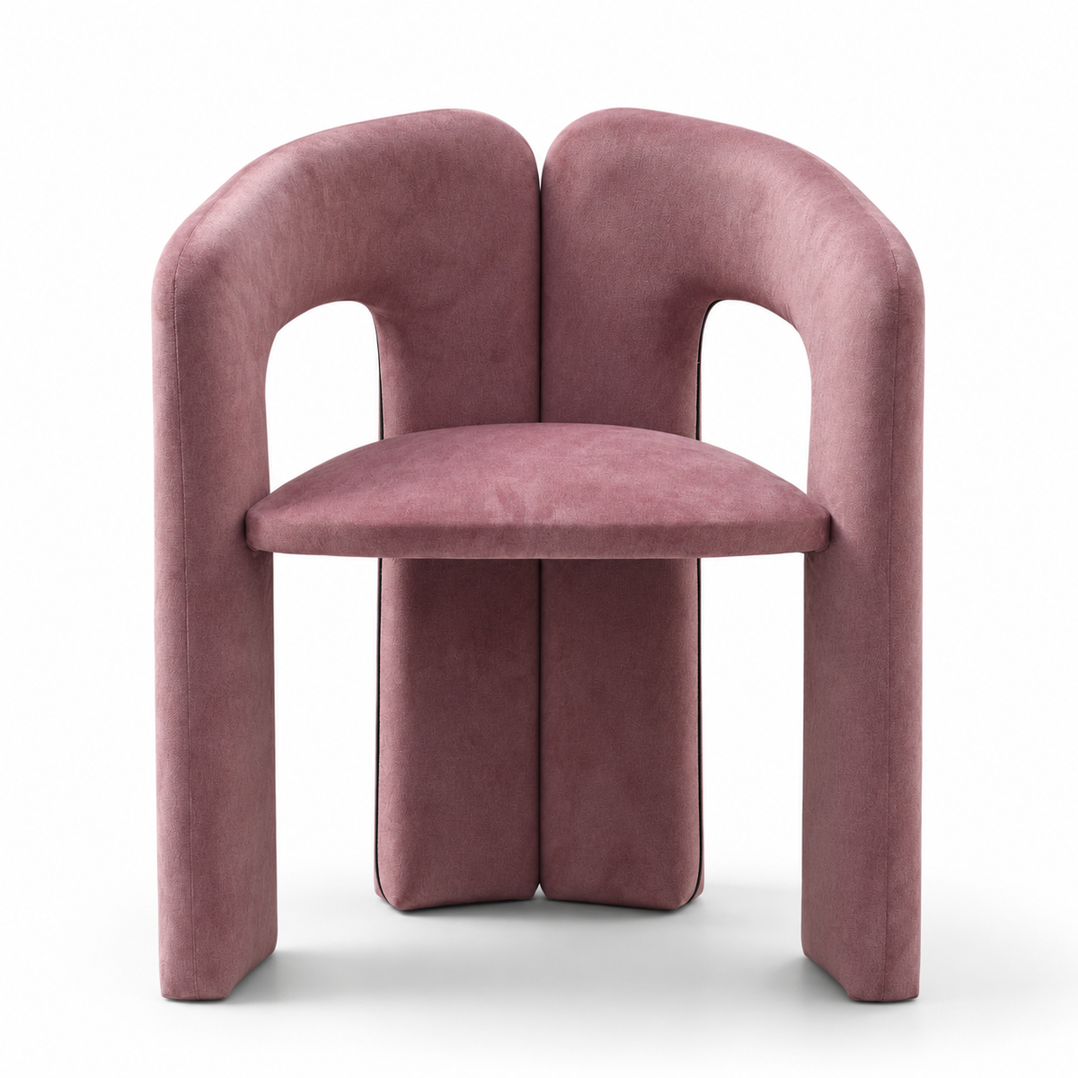 A modern lilac velvet dining chair with a unique split backrest and wide block legs, shown from the front on a white background.