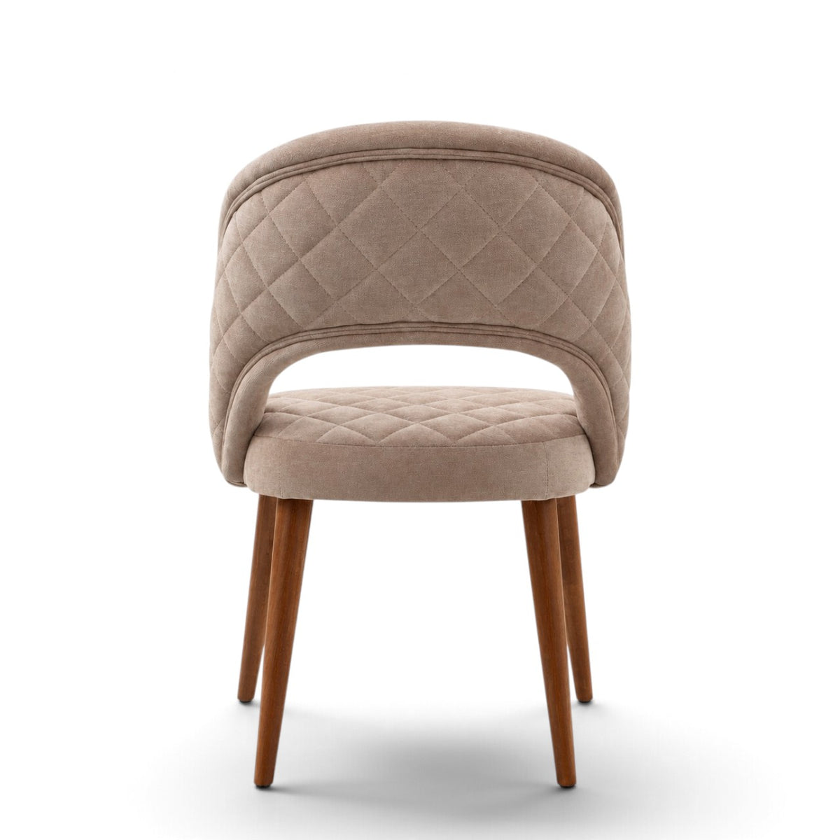 Argent beige upholstered dining chair with crescent-shaped backrest, quilted seat and tapered wooden legs.