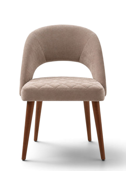 Argent beige upholstered dining chair with crescent-shaped backrest, quilted seat and tapered wooden legs.